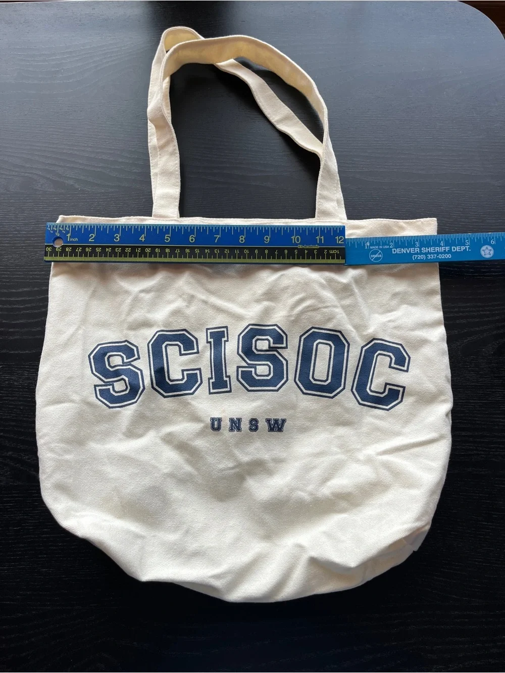 UNSW SCISOC Off White Canvas Tote Bag Small Navy Blue Graphic Print Pockets